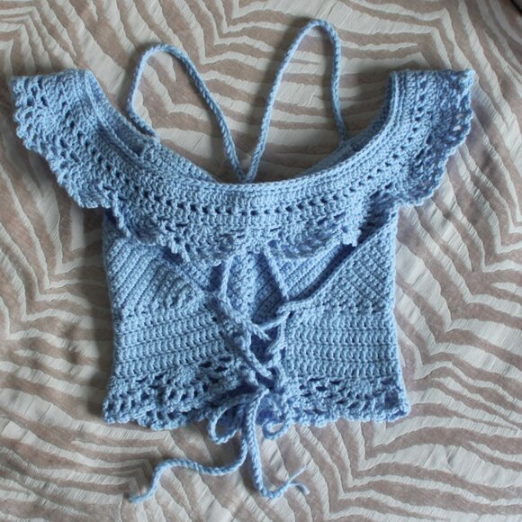🧶Handmade Crochet Top | Blue Adjustable Crop Top - Picture 6 of 9